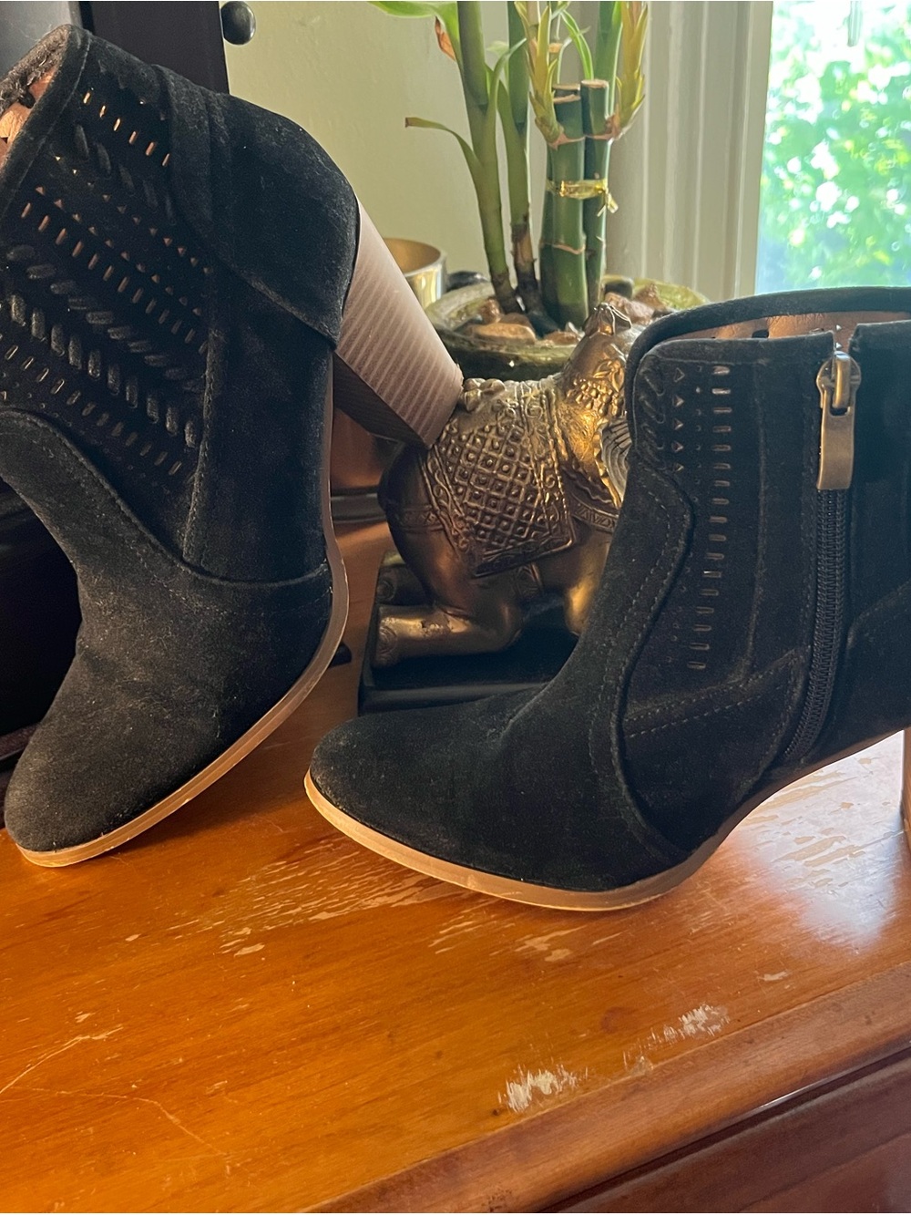 Black Suede Perforated Ankle Booties with Block Heel